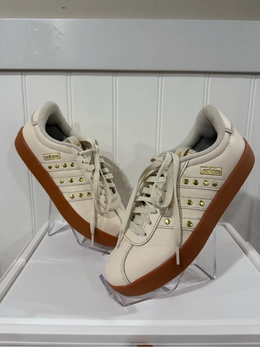 adidas Women's VL Court 3.0 Wonder White Gold Stud Sneakers